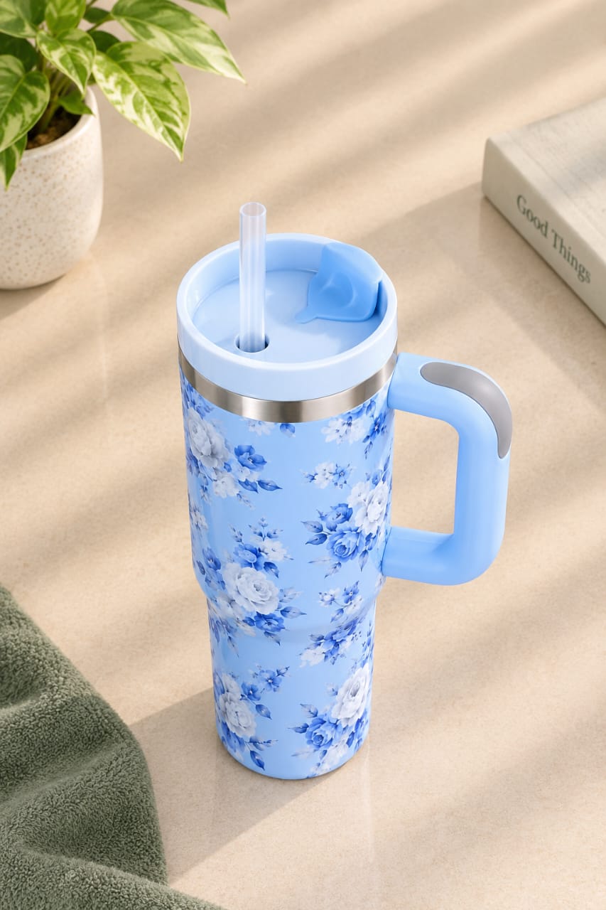 Blue Floral Stainless Steel Tumbler with Handle & Straw