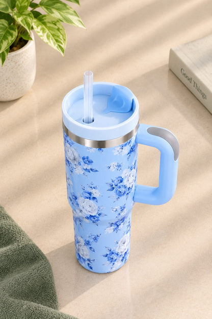 Blue Floral Stainless Steel Tumbler with Handle & Straw