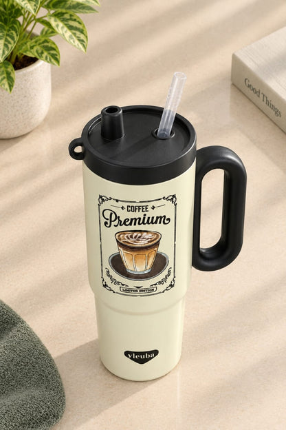 Premium Coffee Print Stainless Steel Tumbler with Handle & Straw
