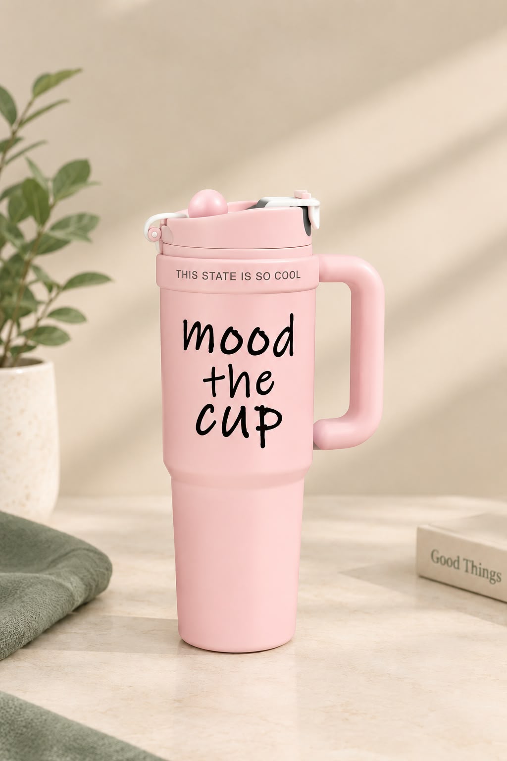 Pink Mood Tumbler with Handle & Flip-Top Lid