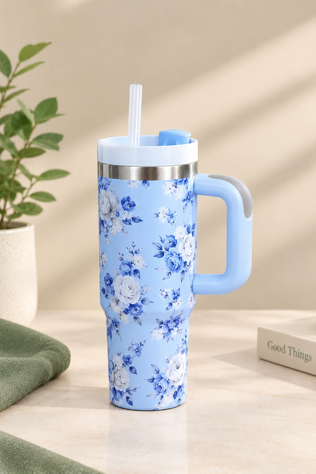 Blue Floral Stainless Steel Tumbler with Handle & Straw
