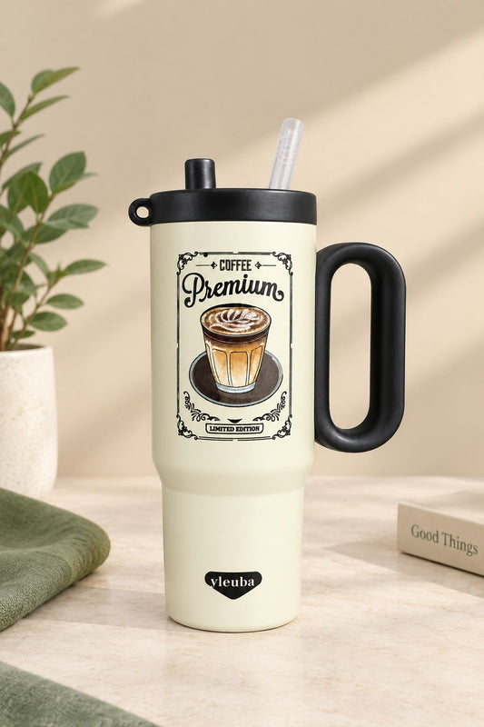 Premium Coffee Print Stainless Steel Tumbler with Handle & Straw