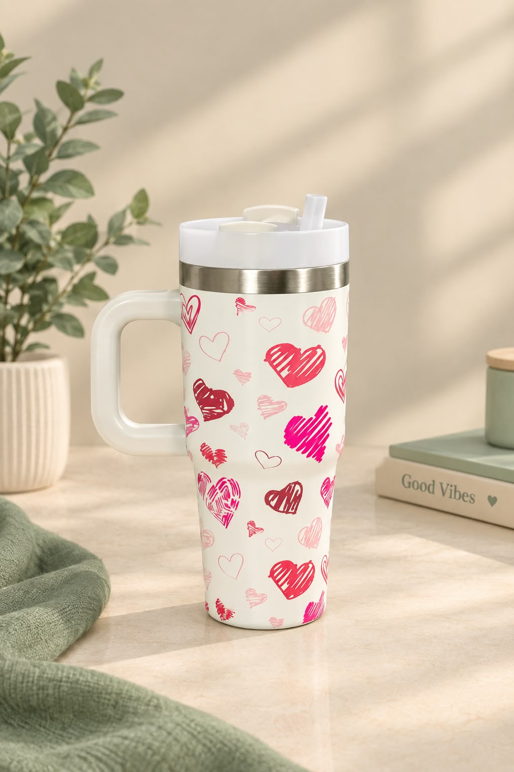 Heart Print Stainless Steel Tumbler with Handle & Straw