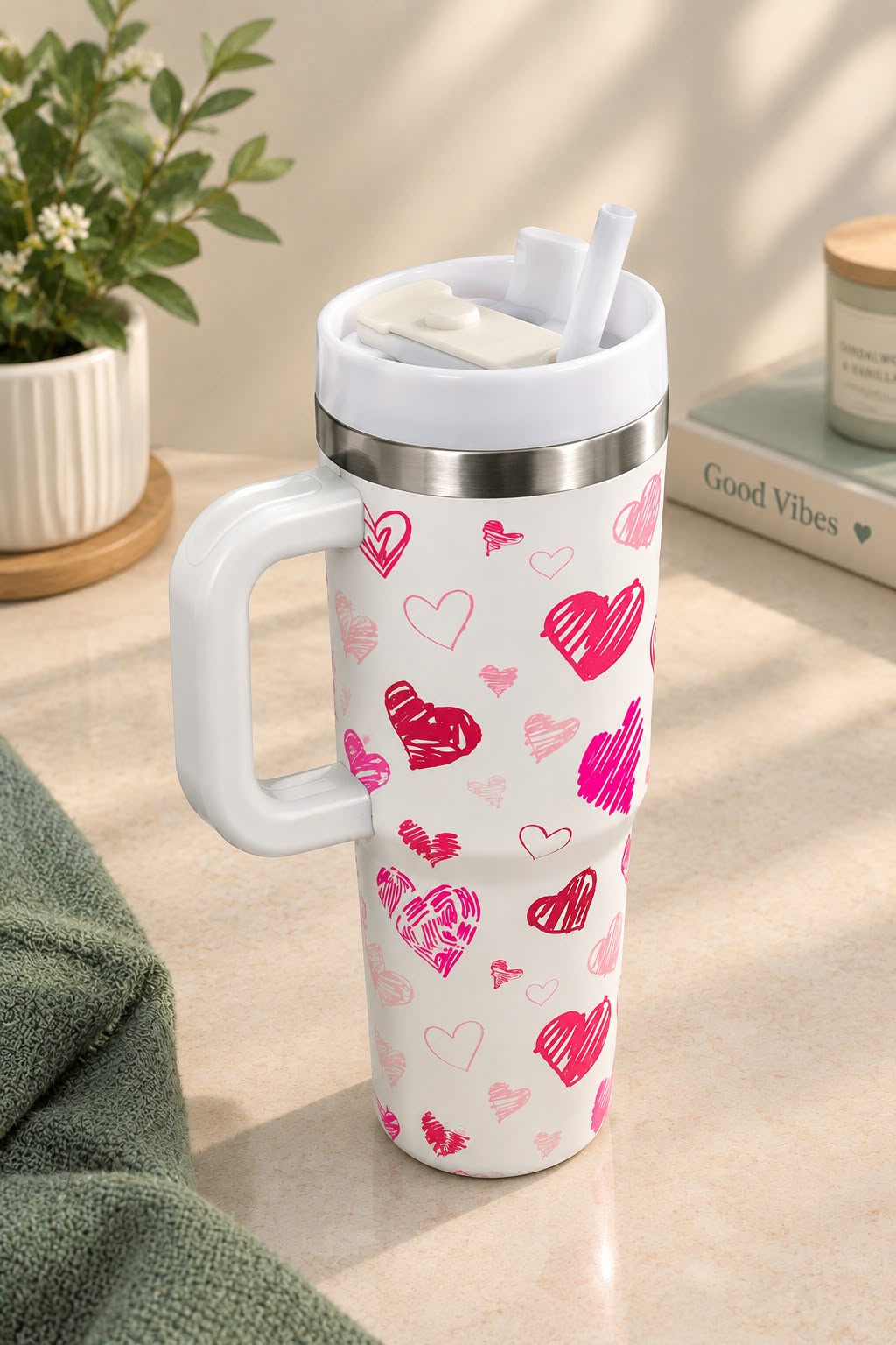 Heart Print Stainless Steel Tumbler with Handle & Straw